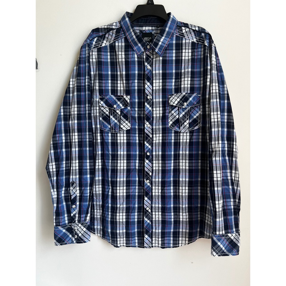 Various Artists XXL Plaid Long Sleeve Pearl Snap Shirt Blue White Red‎